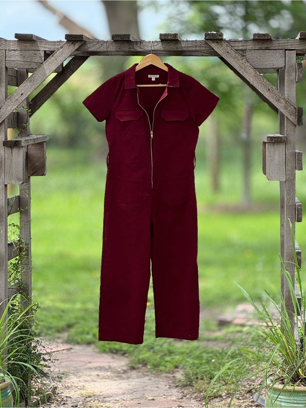 SB Albion Burgundy Utility Jumpsuit Small Cotton Twill Half Zip Workwear